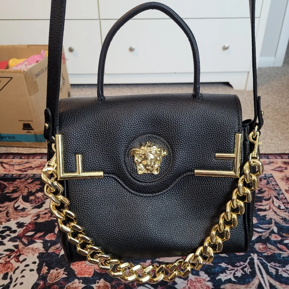 V Designer Satchel Bag Purse with Gold Medusa Head - Picture 9 of 9